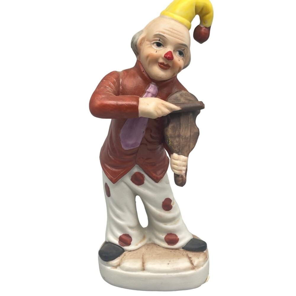 clown figurine white brown dots violin hat glass 5.5x2x2.5" collectable READ